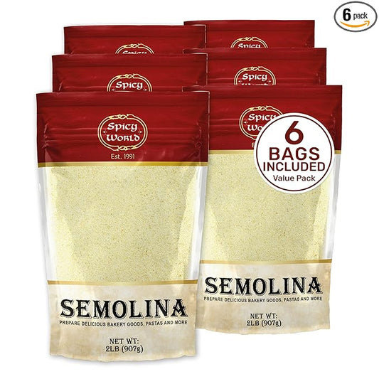 Spicy World Semolina Flour 2 LB (Pack of 6) - Bulk Semolina For Pasta - Fine, Durum Wheat Flour For Bread, Pasta, Pizza, and