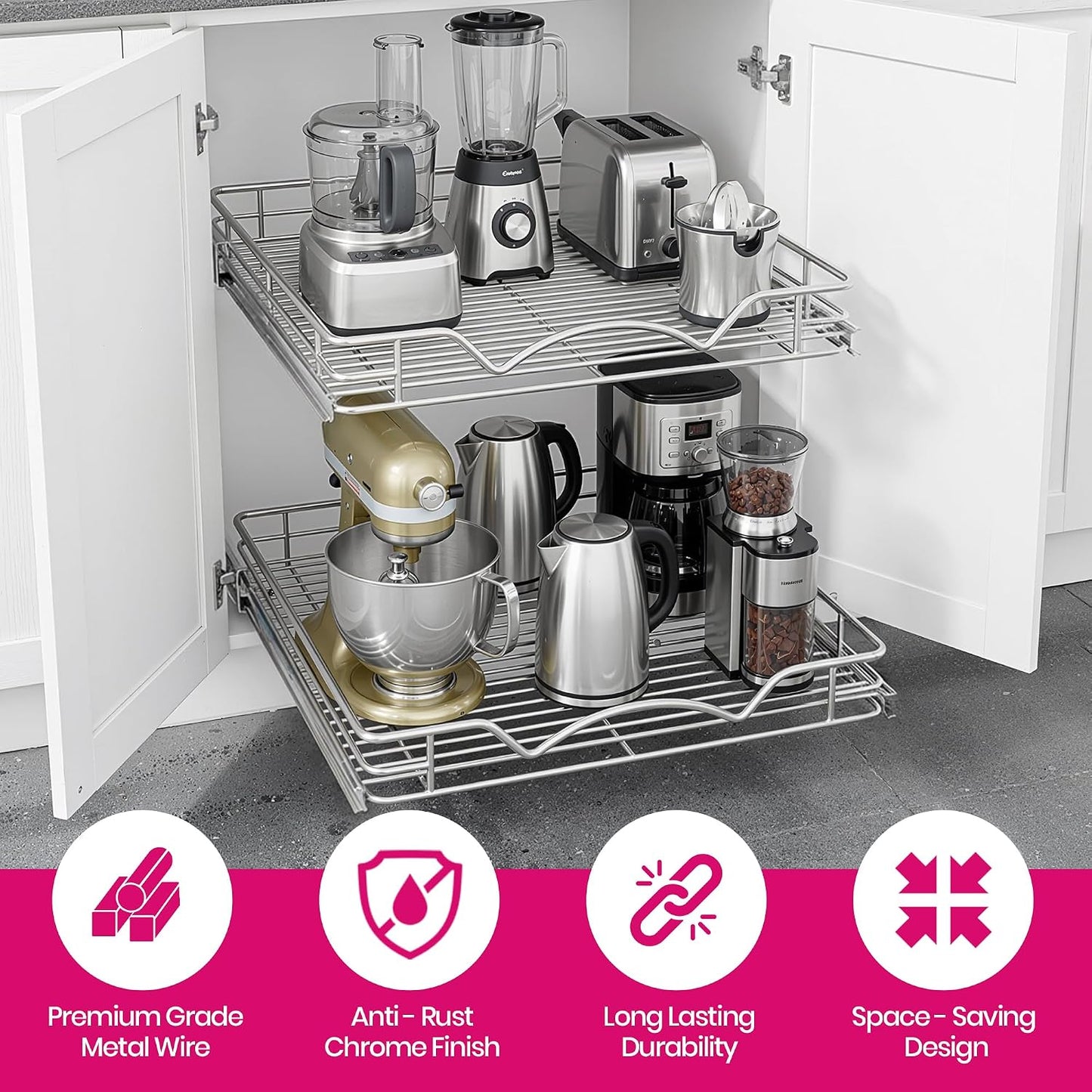 2-Tier Pull-Out Cabinet Organizer for Kitchen, 17" W x 21”D x 16.5" H