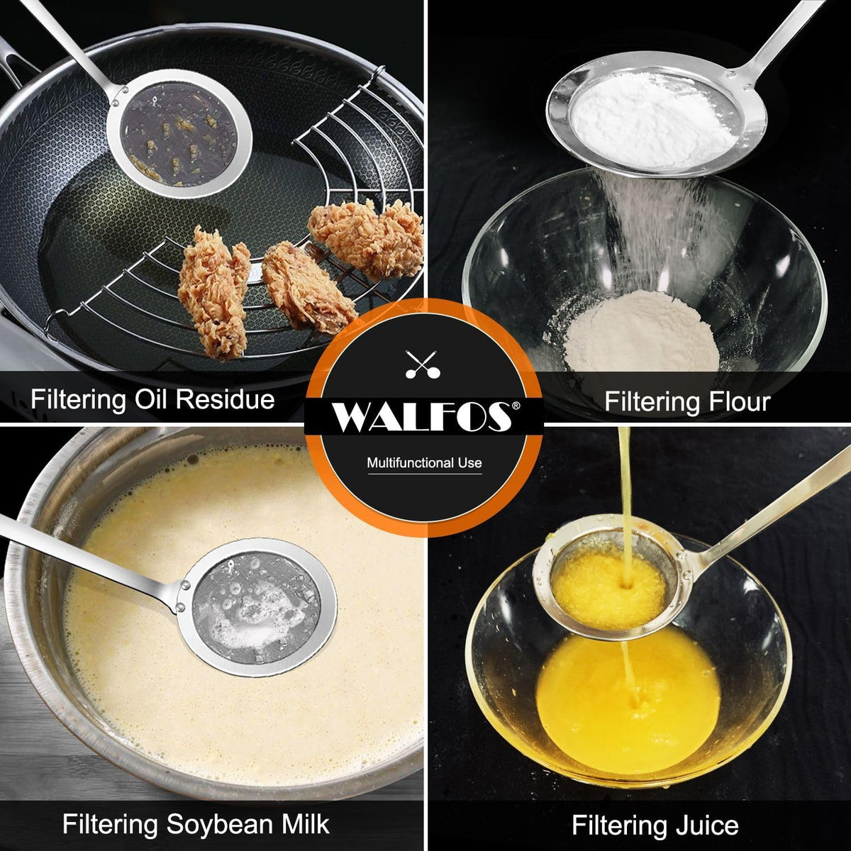 Walfos Skimmer Spoon, Stainless Steel Fine Mesh Strainer,Foam Strainer Oil Filter,Ultra Fine Mesh Strainer Perfect For Separation Of The Floating Foam,Fat,Set fo 2