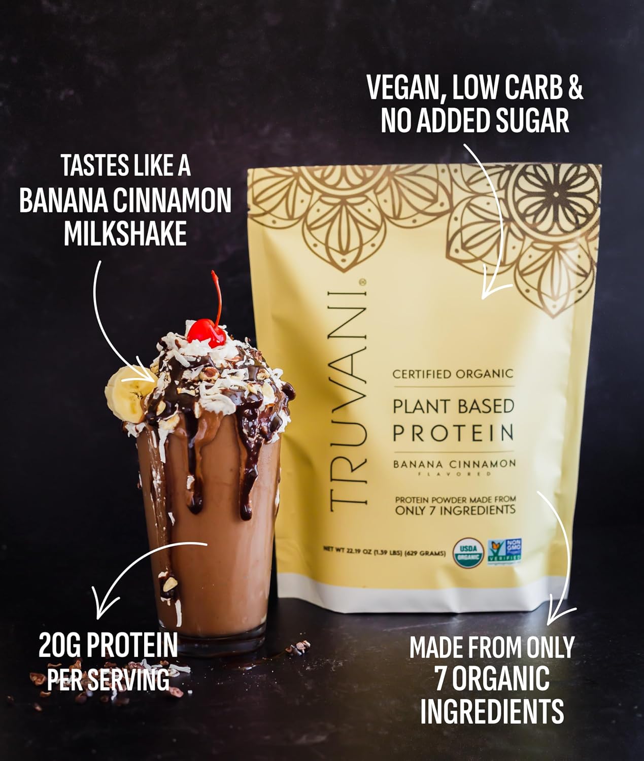 Truvani Organic Plant Based Protein Powder | Banana Cinnamon | 10 Servings | Vegan | 20g Pea Protein | Keto | Gluten &amp; Dairy Free | Low Carb | No Added Sugar