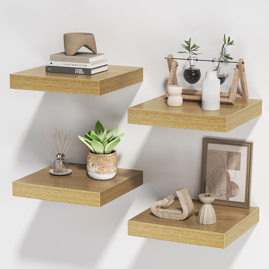 Square Floating Shelves for Wall, 10" W x 10" D x 1.2" H, Small Wooden Wall Mounted Display Shelves with Invisible Brackets