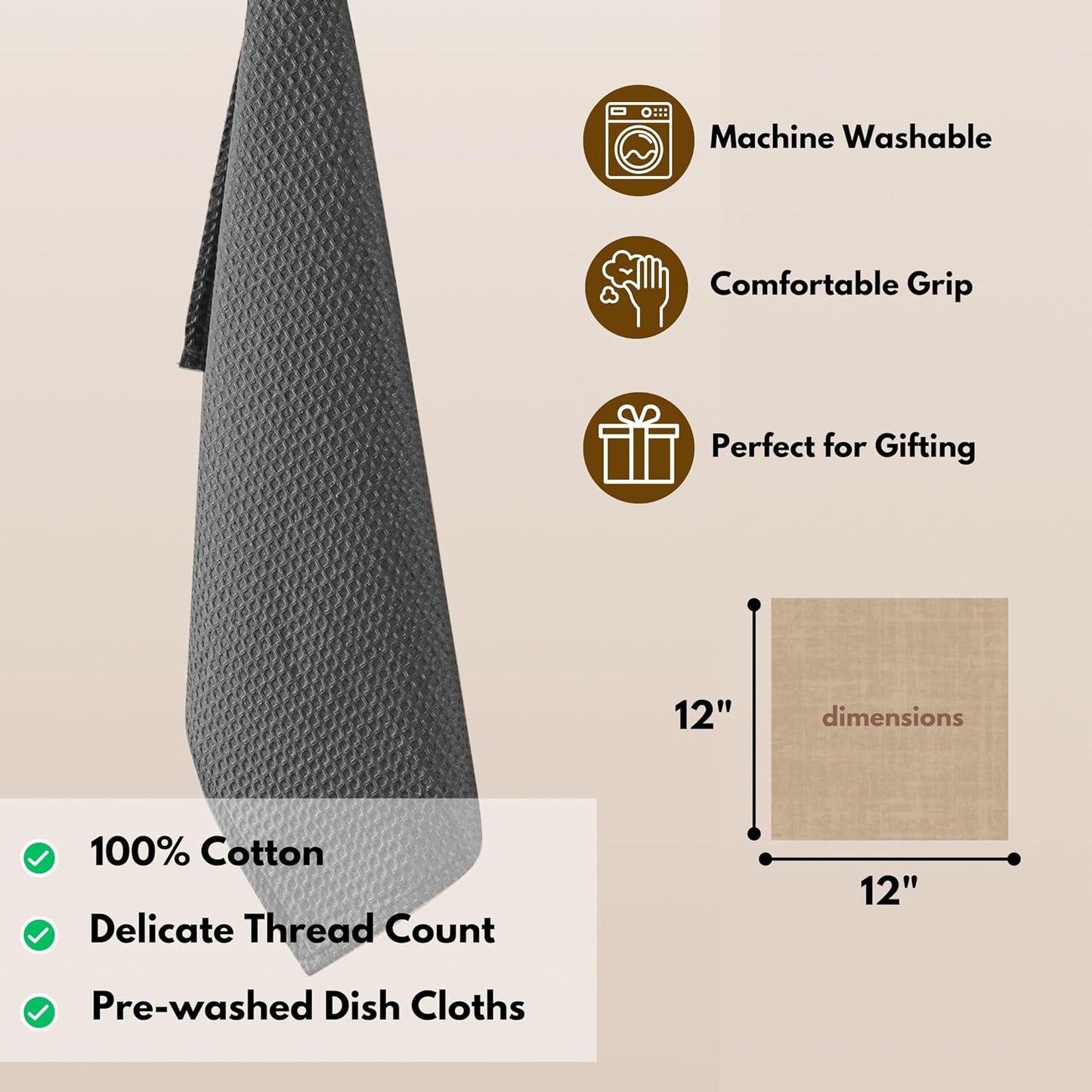 Native Fab 12 Pack Dish Cloths - 100% Cotton, Absorbent, Quick Drying, Reusable &amp; Washable Towels for Cleaning, Cooking &amp; Baking - Ideal for Home, Restaurants, Hotels, Cafes - 12 x 12 inches - Grey