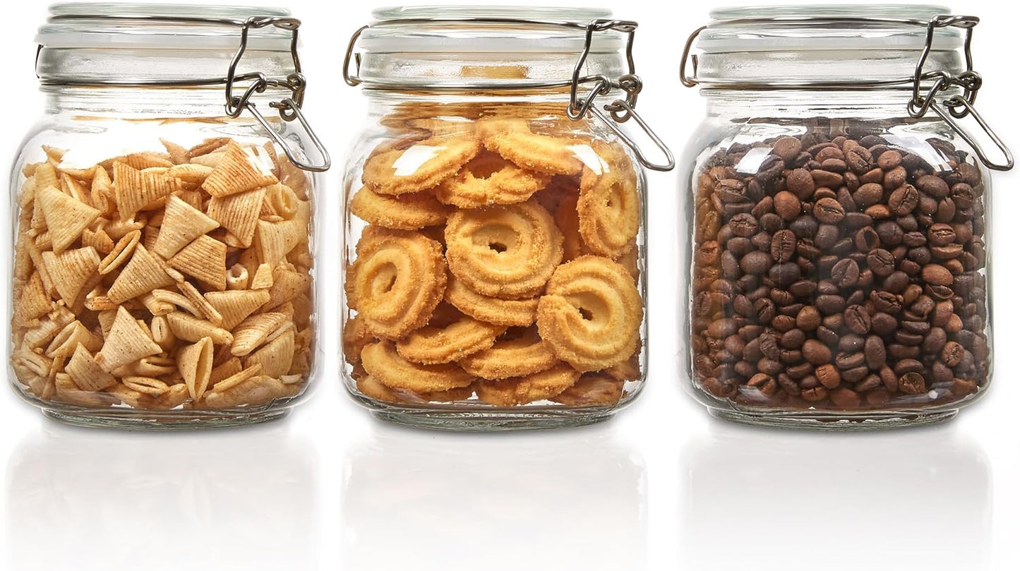 Vtopmart 34oz Glass Food Storage Jars with Airtight Clamp Lids, 3 Pack Kitchen Canisters for Flour, 
