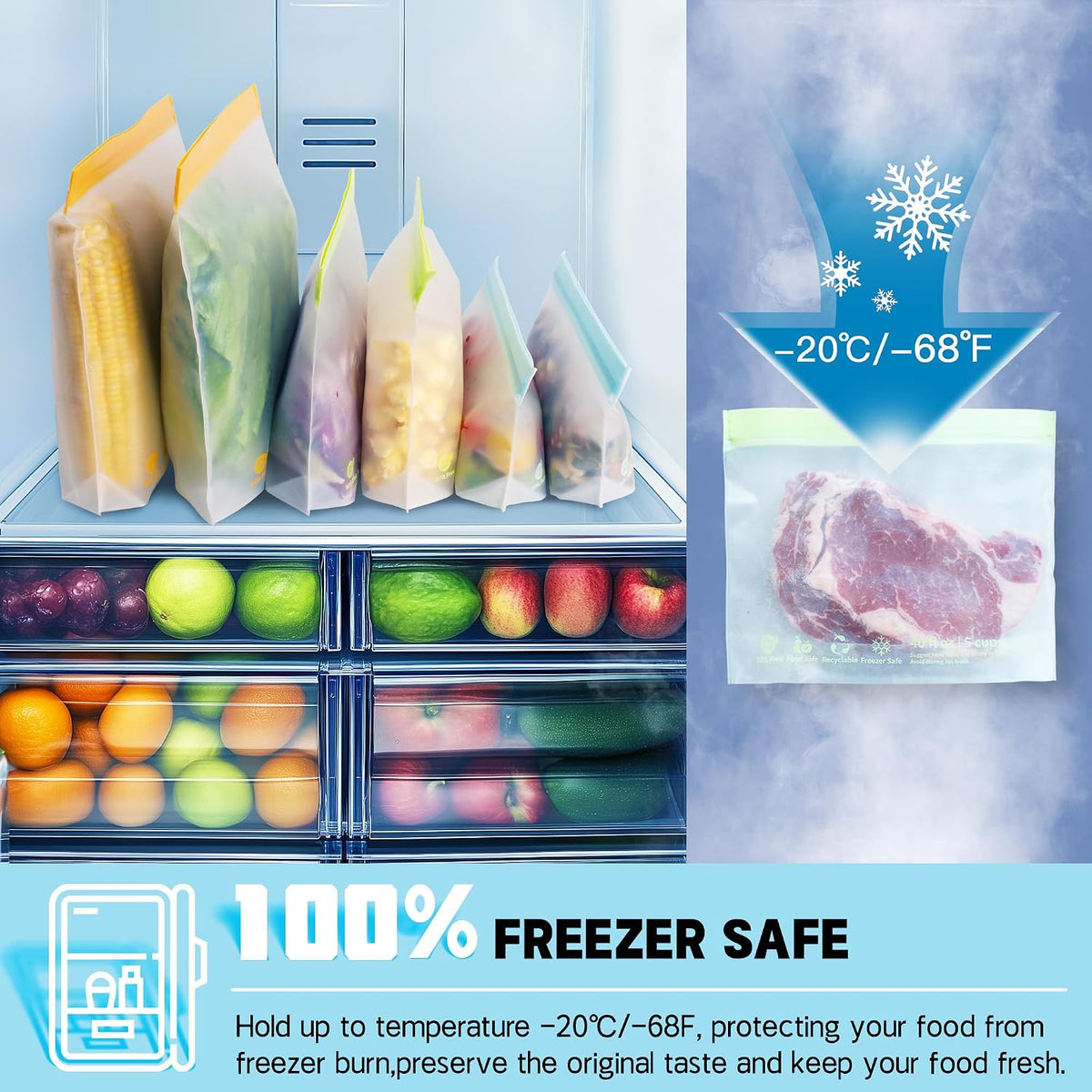 26 Pack Reusable Food Storage Bags,Leakproof Freezer Bags BPA Free Stand Up Sandwich Bags for Lunch Salad Fruit Travel,Dishwasher Safe(10 Gallon,10 Sandwich,6 Snack)