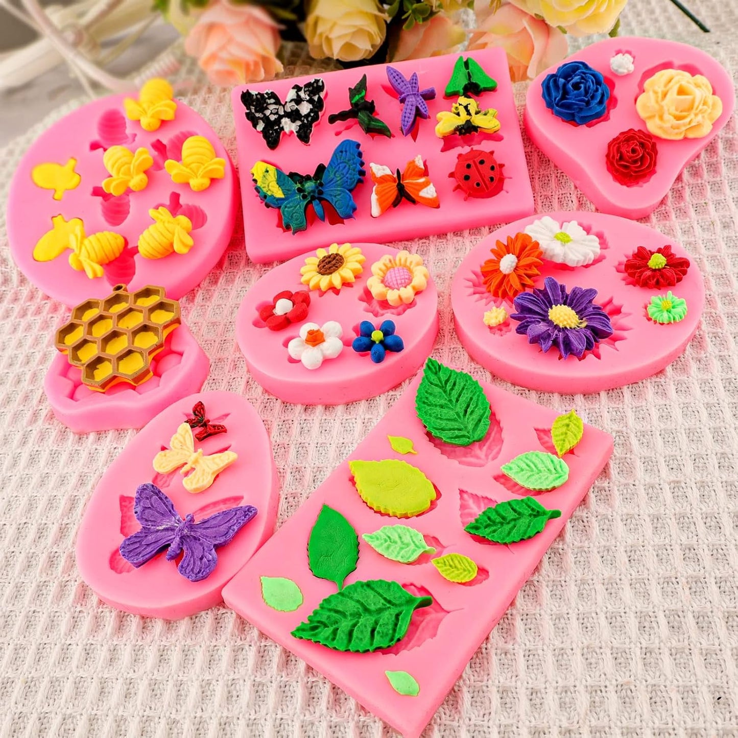 Silicone Mold Flower 8pcs Chocolate Fondant Polymer Clay Candy Gummy Mold,Rose Leaf Butterfly Bee Honey Shaped Silicone Molds for DIY Cake Cupcake