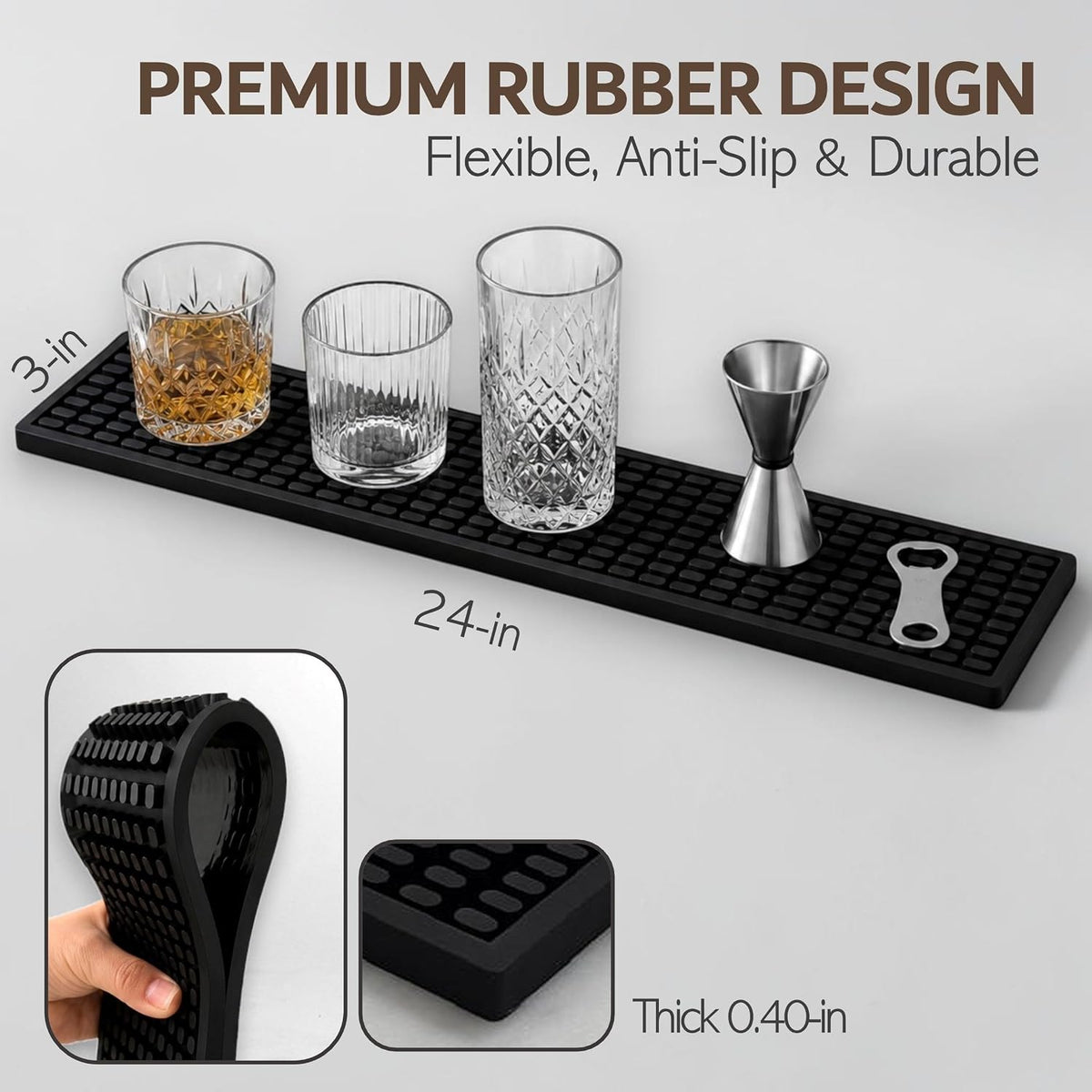 Rubber Bar Mat – Non-Slip Spill &amp; Drip Mat for Bartending, Coffee Bar &amp; Kitchen Countertop, Thick Durable Counter Protector &amp; Stylish Drying Mat (Total Black, 23.6" x 3.1")