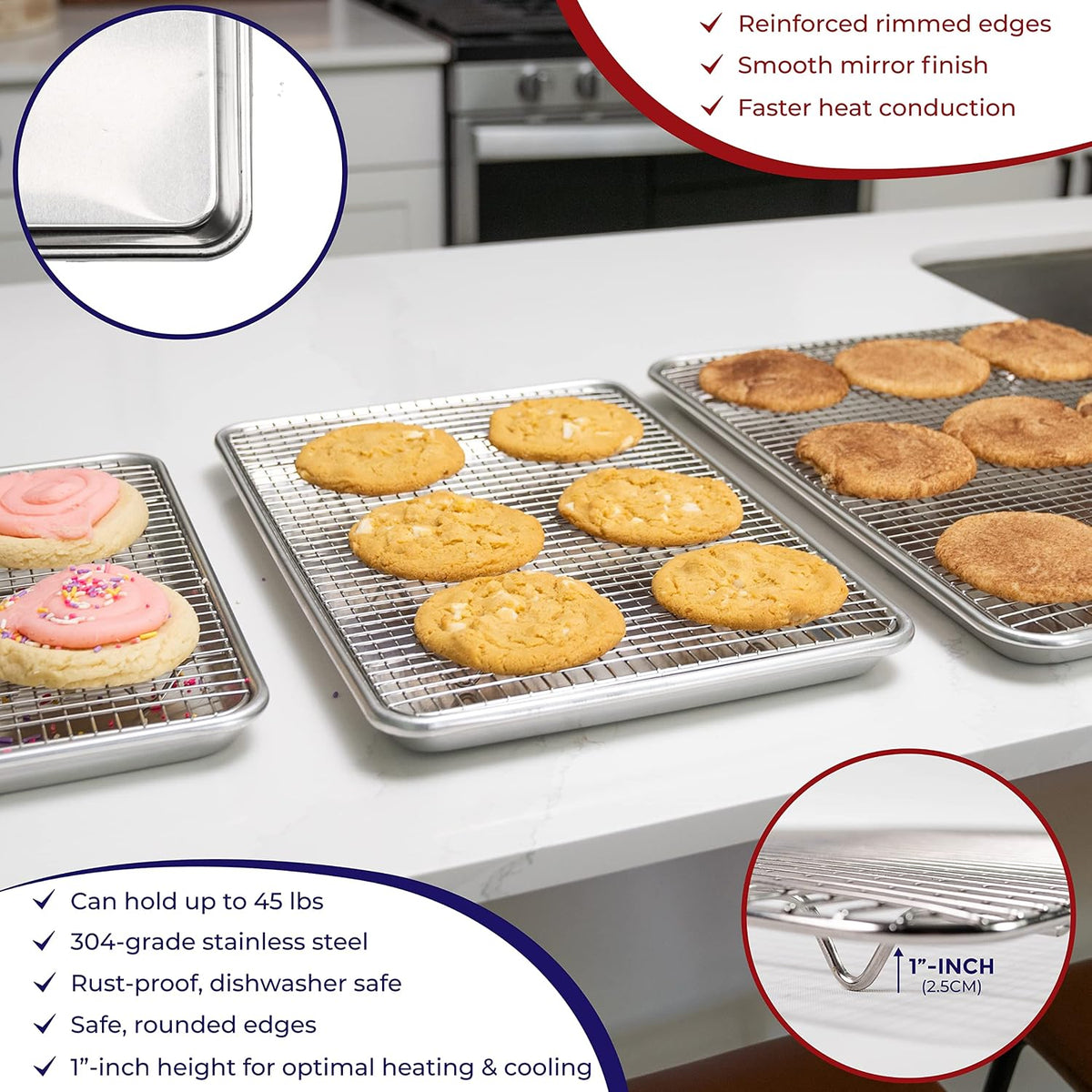 Half Sheet Baking Pan and Rack Set Warp-Free 13.1x17.9 In | Aluminum baking tray and stainless steel wire rack combo used together for large family meals
