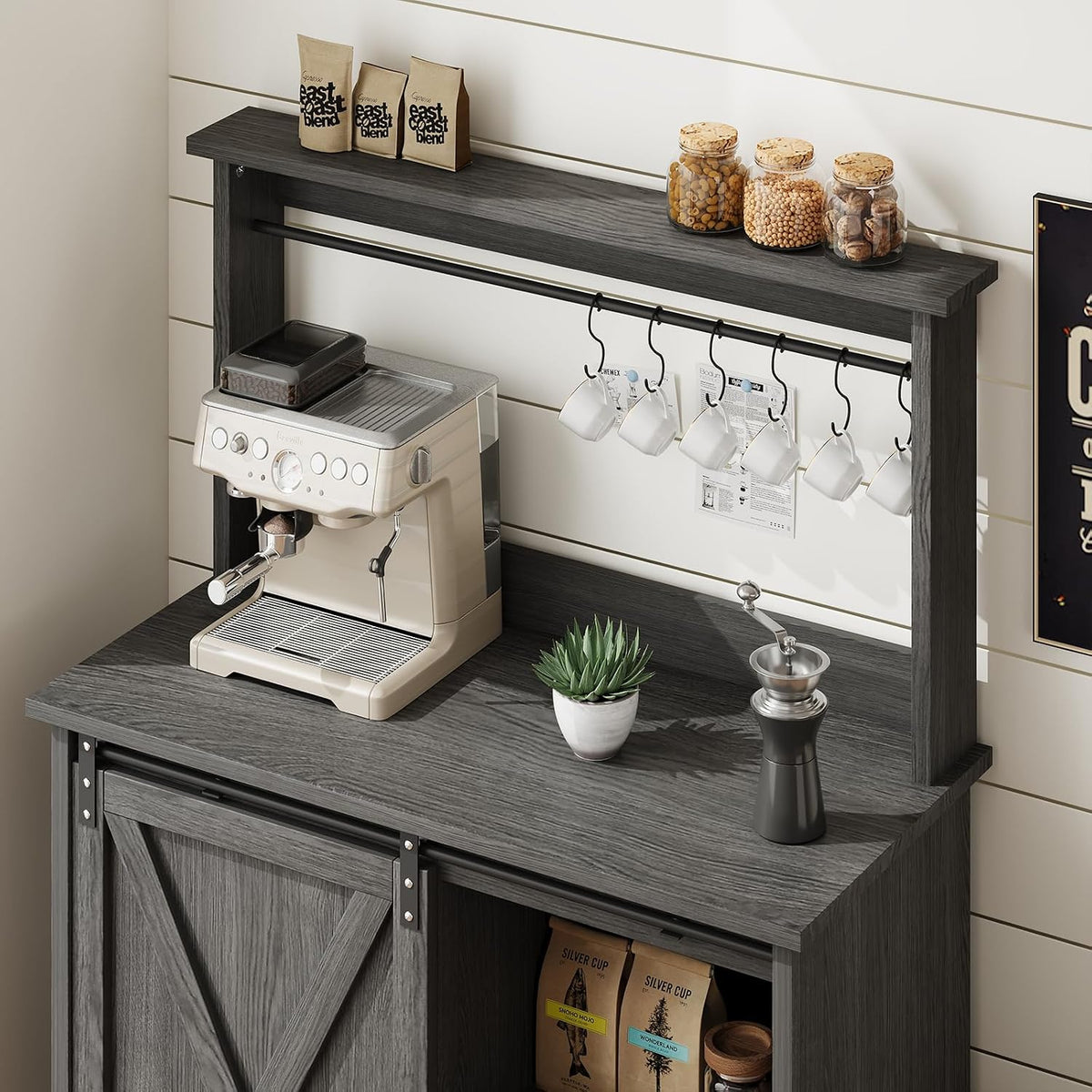 4ever2buy 31" Farmhouse Coffee Bar Cabinet with Storage Hutch