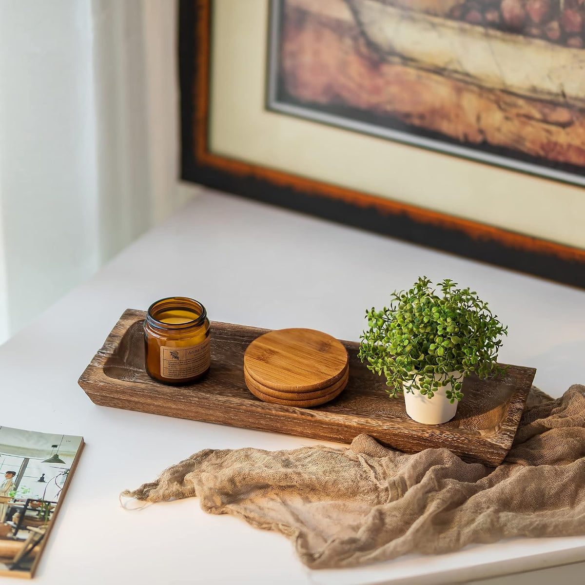 Hanobe Decorative Wooden Tray Long Narrow Centerpiece Candle Holder | 15.6" Wood Rustic Farmhouse Home Decor for Dining Coffee Table Kitchen Fireplace Mantle, Rectangle, More Cheap