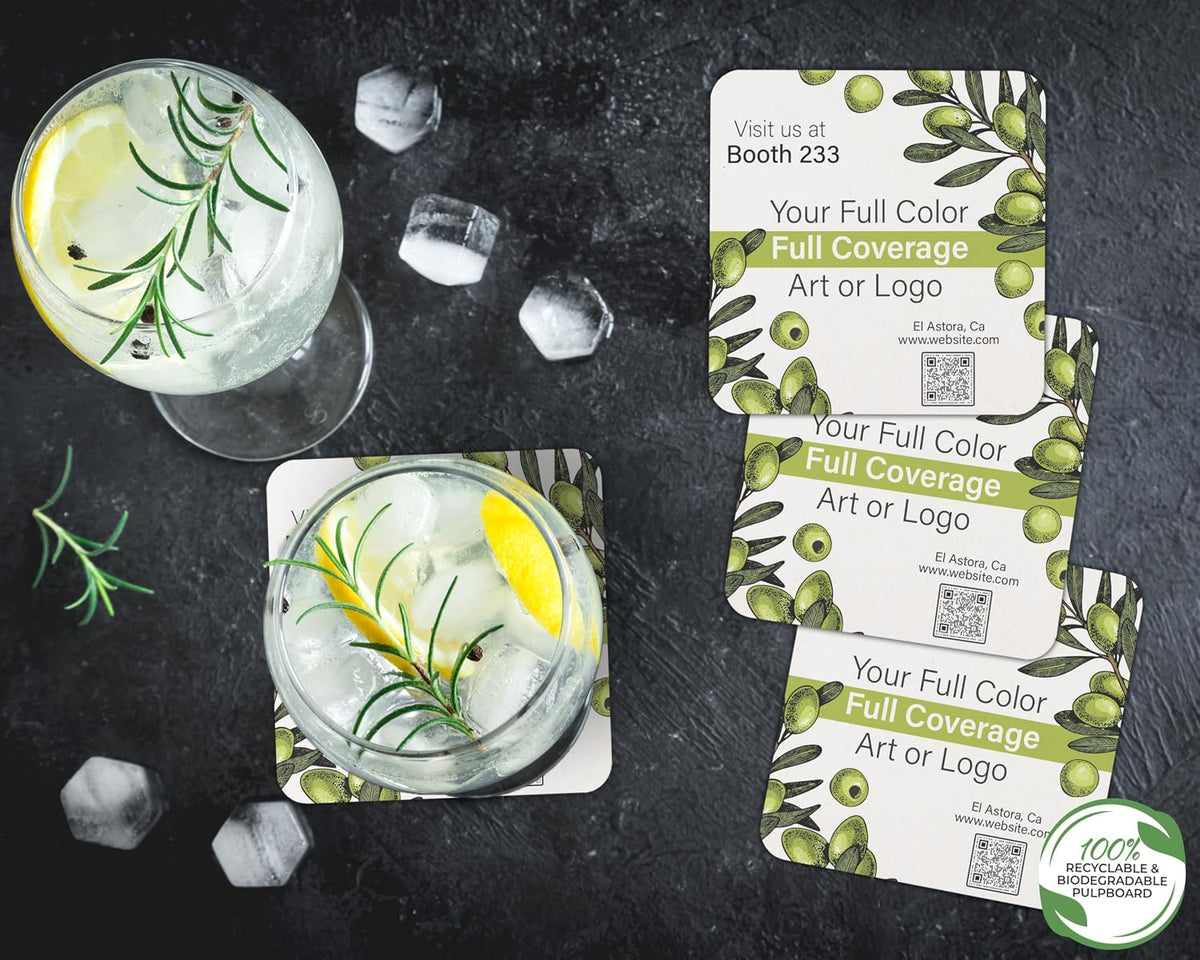 B.E. Green Custom Coasters - Pulpboard Personalized Coasters for Drinks - Full Color Print - Reusable &amp; Absorbent - Beverage Coaster - Promo Events &amp; Celebrations - Pack of 50 - Full Coverage, 4"x 4"