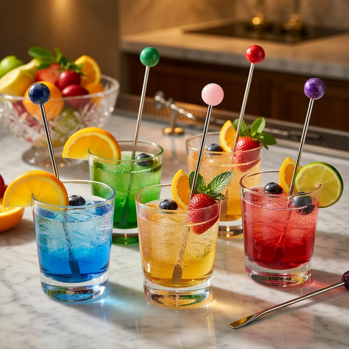 Homestia 6 Pcs 7.5'' Metal Stir Sticks, Colorful Gemstone Cocktail Stirrers | Reusable Stainless Steel Coffee Stirrer, Drink Swizzle Sticks, Natural Stone Decor Beverage Stir Stirring for Bars Home Use