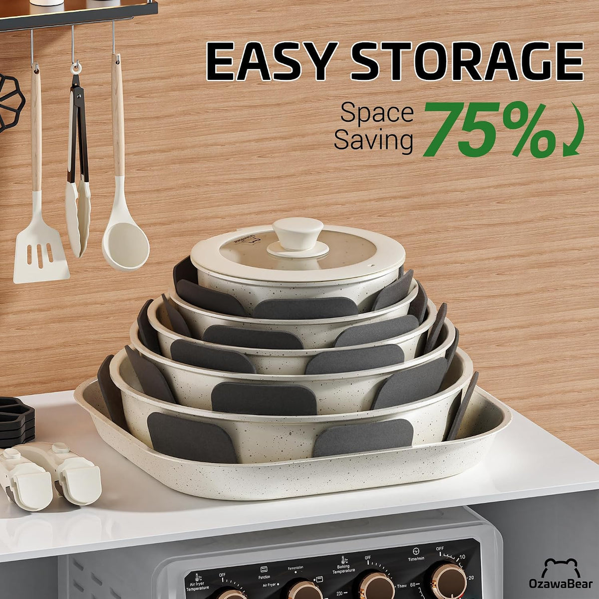 26 Pcs Pots and Pans Set Non Stick, Ceramic Cookware Set Non Toxic with Detachable Handles, Healthy Induction Cookware Dishwasher Oven Safe RV Kitchen Set, PFAS PFOA & PTFE Free, Cream White