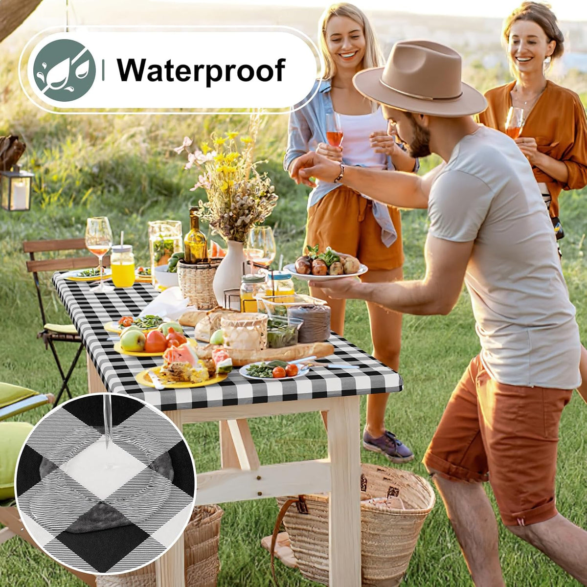 Buffalo Rectangle Picnic Tablecloth, 6 Foot Elastic Fitted Vinyl Table Cloth with Flannel Backing, Waterproof Plaid Table Covers for Dining, Camping, Outdoor (Black and White, 30" x 72")