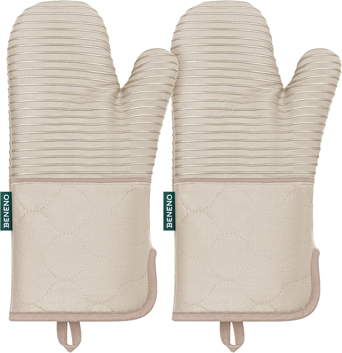 Beneno Heat Resistant 500°F Kitchen Oven Mitts 2-Pack, 7.5"x14.3", Beige | Textured Non-Slip Silicone Grip, Extra Long Forearm Protection, Soft Quilted Cotton Terry Lining, Ideal for Baking &amp; Grilling