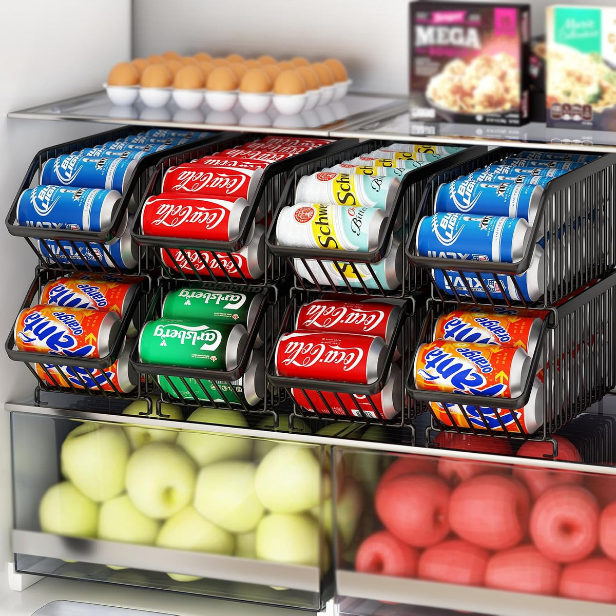 GILLAS 4 Pack Stackable Soda Can Organizer for Refrigerator, Can Holder Dispenser, Canned Food Storage Rack for Fridge, Kitchen, Countertops, Cabinets, Black