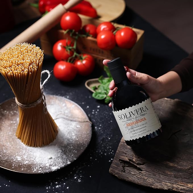 Solivera Arbosana Extra Virgin Olive Oil Cold Pressed 300+ High Polyphenols, Smooth Creamy & Nutty Flavor, Single-Origin Organic Olive Oil, Hand Picked Gourmet Oil - 16.8 fl. oz. (Arbosana)
