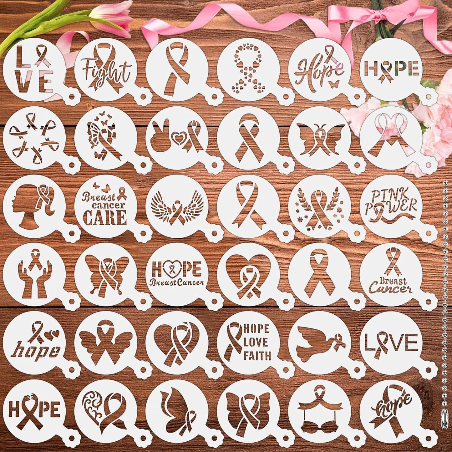 JULBEAR Breast Cancer Awareness Cookie Stencils, 36pcs Pink Ribbon Reusable Coffee Decoration Stencils Templates Tools for Cookies Baking Painting Dessert Decoration DIY Breast Cancer Awareness Party