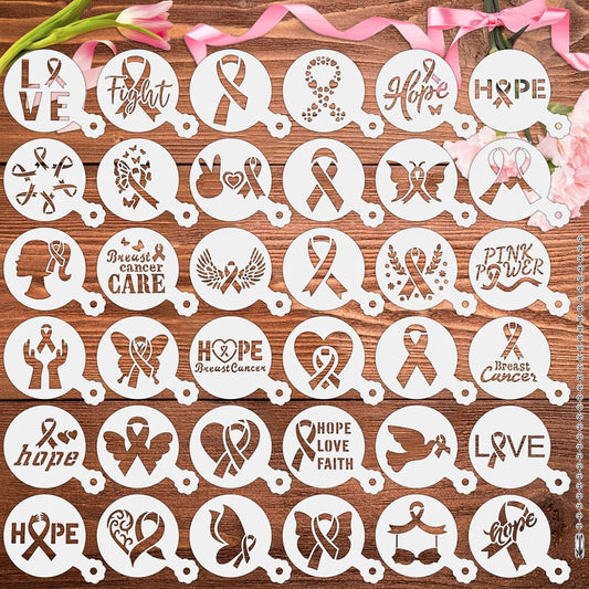 JULBEAR Breast Cancer Awareness Cookie Stencils, 36pcs Pink Ribbon Reusable Coffee Decoration Stencils Templates Tools for