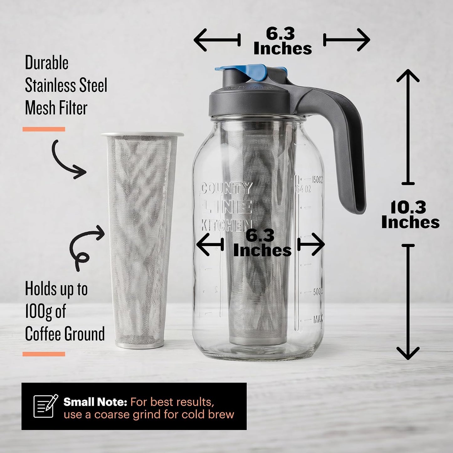 County Line Kitchen 64oz Cold Brew Coffee Maker with Leak Proof Lid - Gray | Glass Cold Brew Coffee Maker - Wide Mouth Mason Jar, Stainless Steel Filter &amp; Leak-Proof Lid (64 oz)