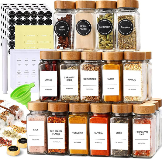 Set of 24 Glass Spice Jars with Various Labels, Bamboo Shaker Lids & Funnel, Kitchen Storage Jars with Airtight Lid, Spices