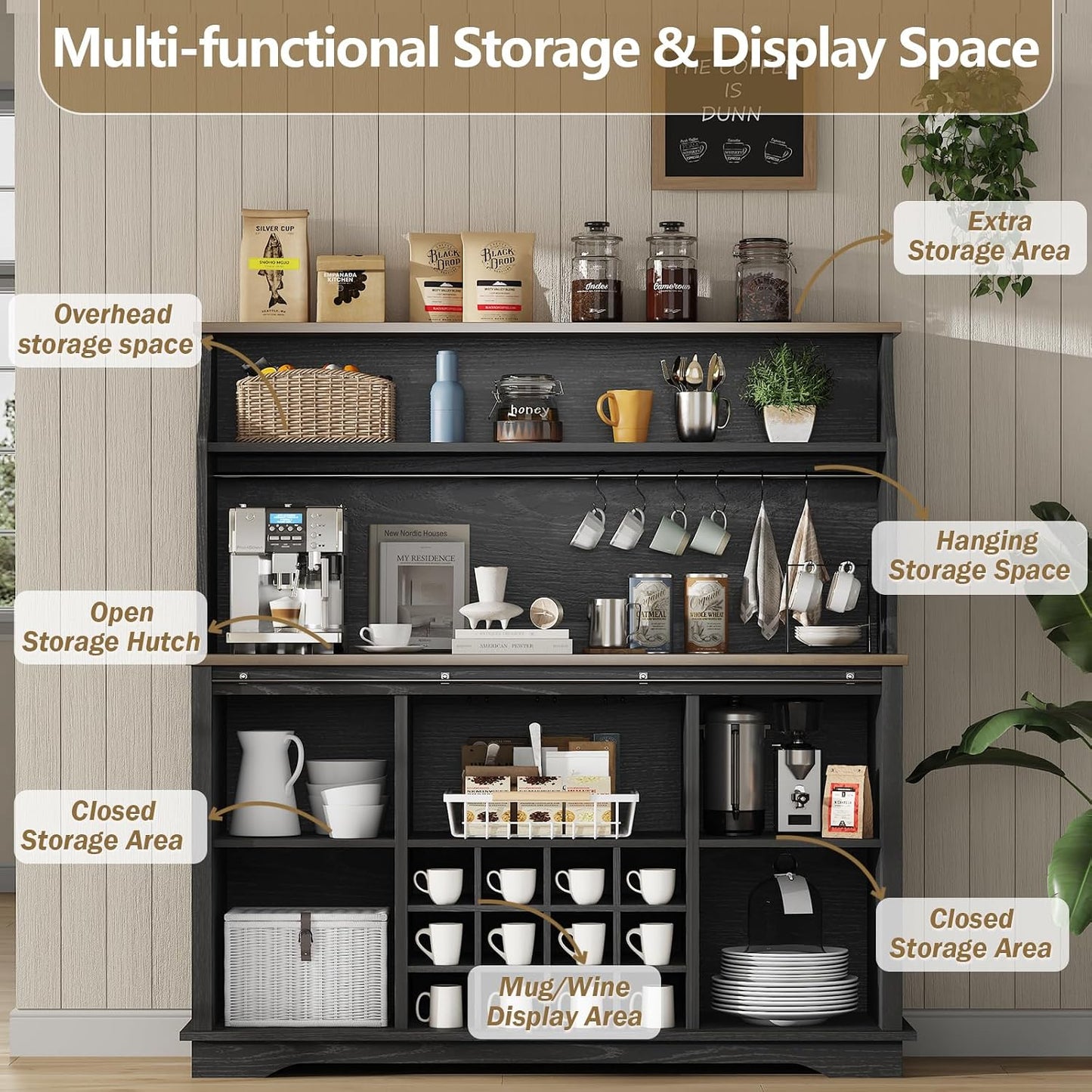 REVOMINCA 55" Farmhouse Coffee Bar Cabinet with 3 Tier Storage Hutch, Black