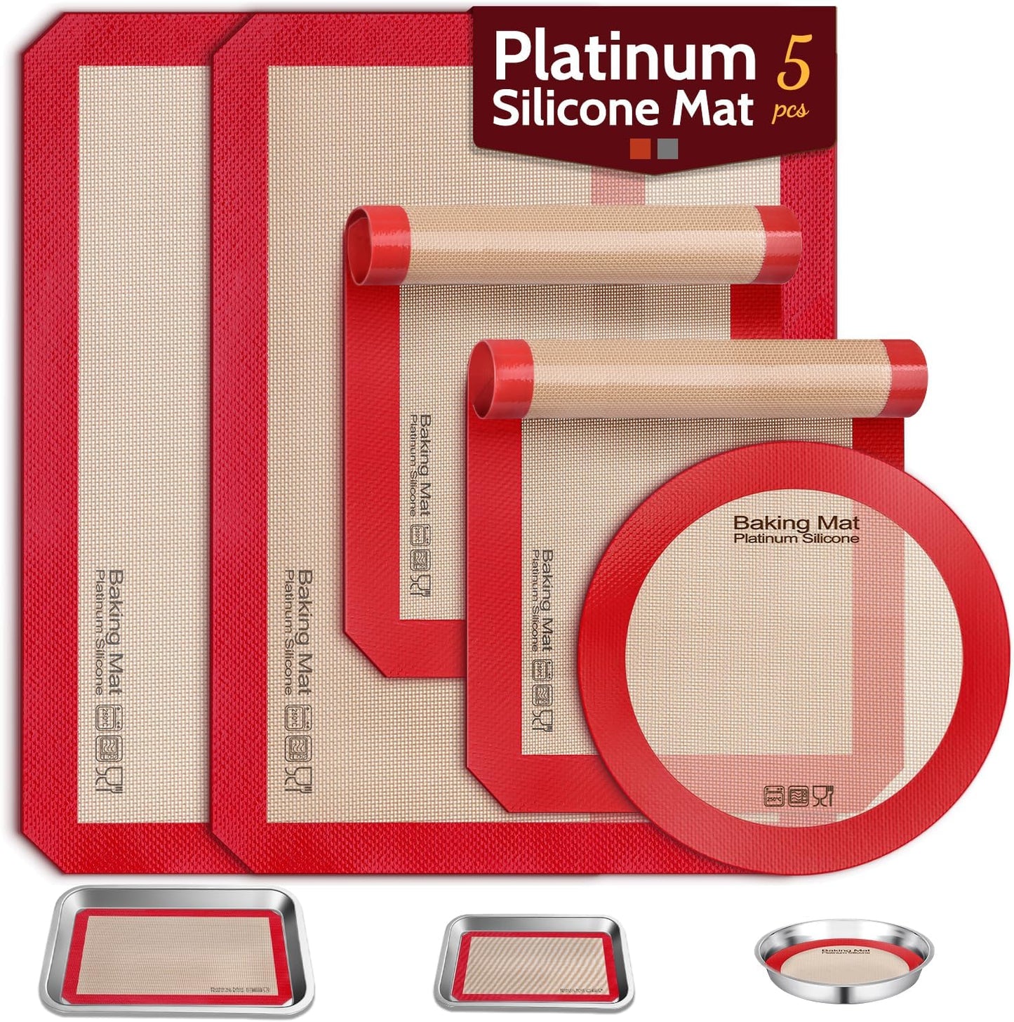 Silicone Baking Mat, Non-Stick Platinum Silicone Baking Sheet, 5 Pcs Red | Reusable, Food-Grade, Heat Resistant to 480℃, Dishwasher Safe, Half-sheets, quarter-sheets, and round mat Set, Versatility
