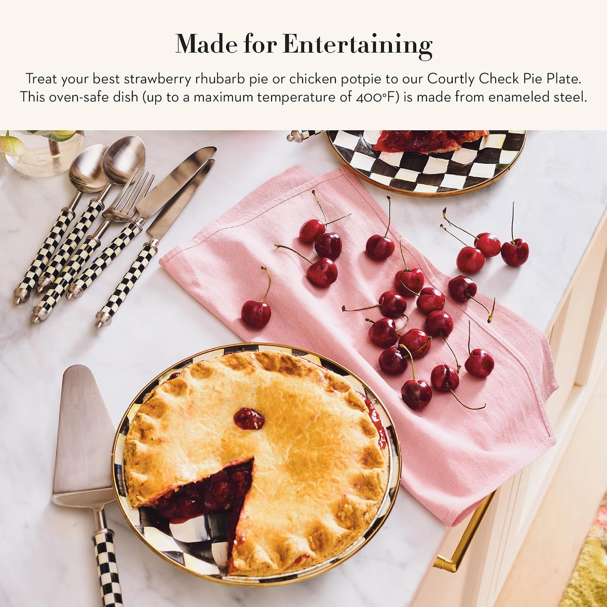 MACKENZIE-CHILDS Enamel Pie Plate, Black-and-White Courtly Check | Hand-painted design, made from enameled steel, ovenproof pie pan for cooking, 9.5" dia. x 1.5" deep, 4-cup capacity