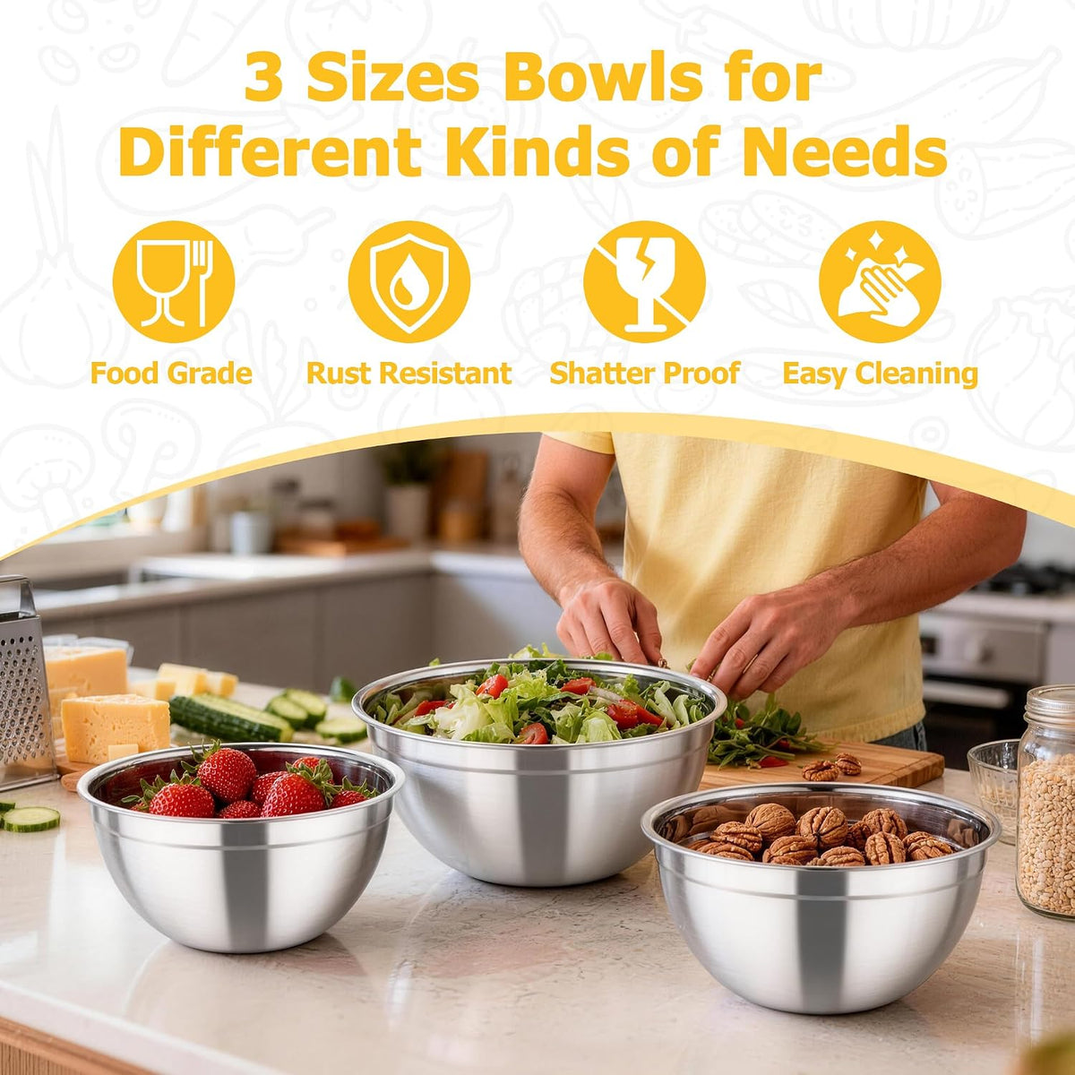 TeamFar Mixing Bowls, 4.5/3/1.5 QT Stainless Steel Nesting Salad Bowls
