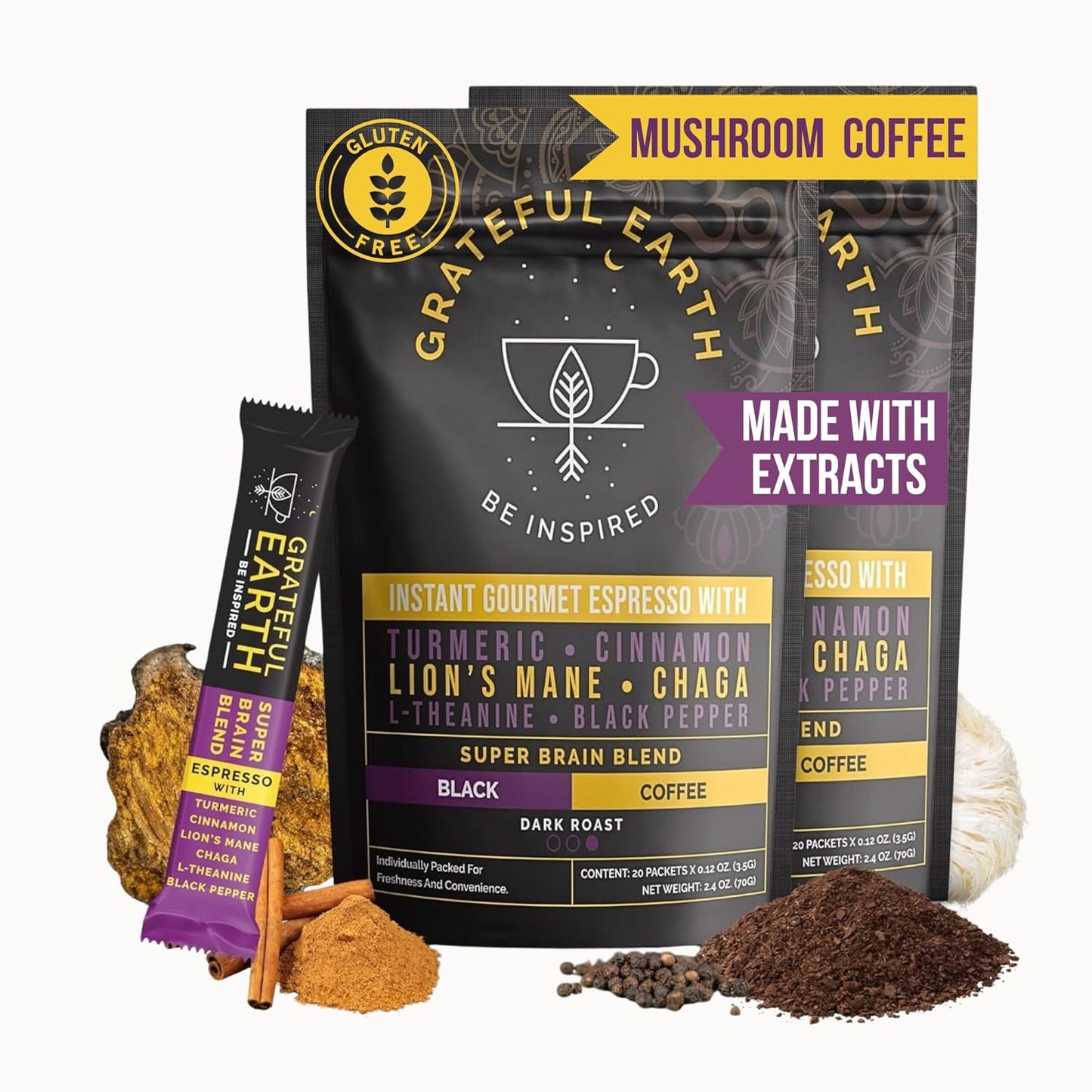 Grateful Earth Instant Espresso Coffee With Lion's Mane, 2 Bags, 40 Ct