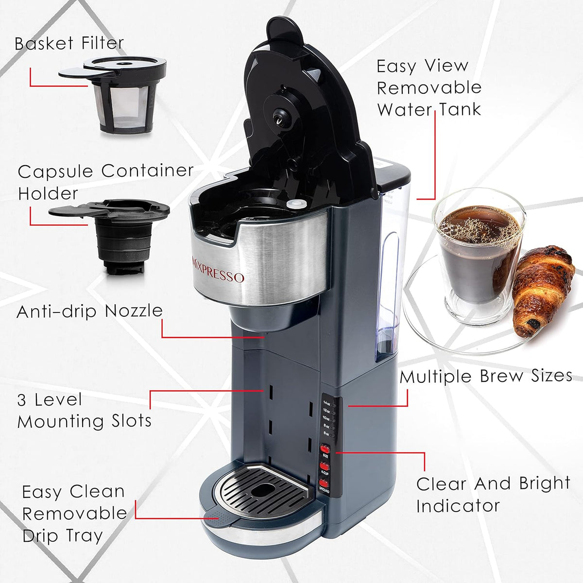 Mixpresso Gray Single Serve Coffee Brewer K-Cup Pods Compatible & Ground, 30 oz Compact Coffee Maker Single Serve With 5 Brew Sizes Up To 14 Oz, Fits Travel Mug, Adjustable Drip Tray