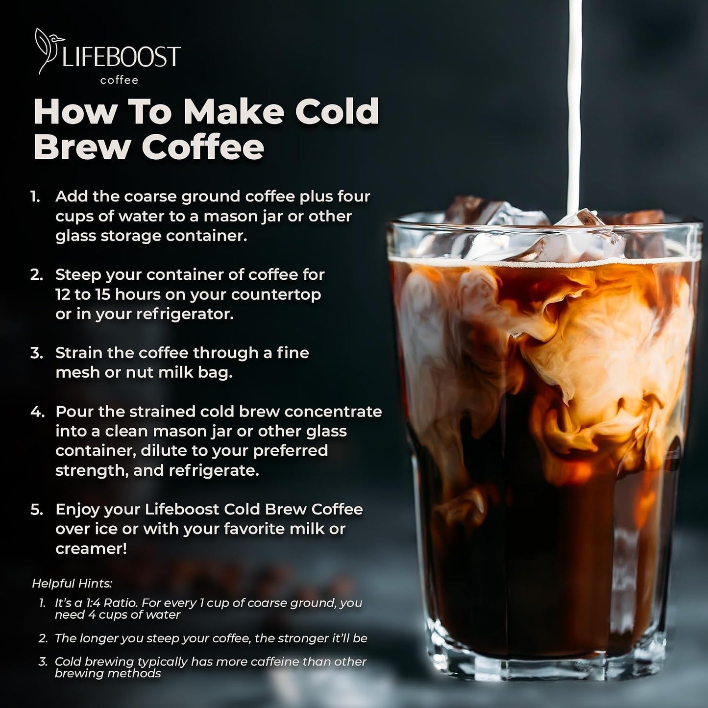 Lifeboost Dark Cold Brew Coffee - Single Origin Non-GMO USDA Organic Low Acid Coarse Ground Coffee for Cold Brew - 3rd Party Tested For Mycotoxins &amp; Pesticides - 12 Ounces