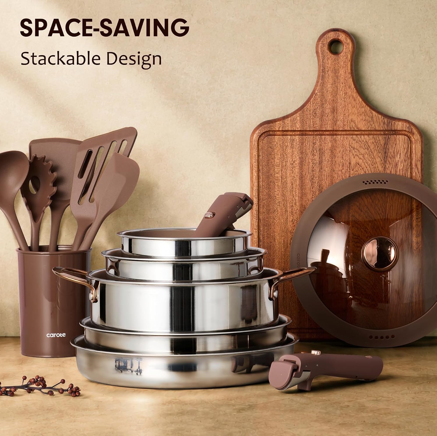 CAROTE 22pcs Hybrid Nonstick Pots and Pans Set, Stainless Steel Cookware Set with Honeycomb Titanium Interior, Induction