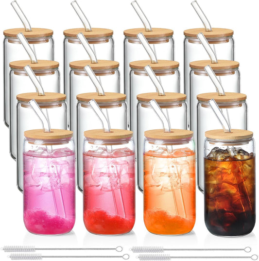 NETANY 16 Pack Glass Cups with Lids and Straws 16 oz, Personalized Customizable Glasses for Gift, Business, Drinking glasses