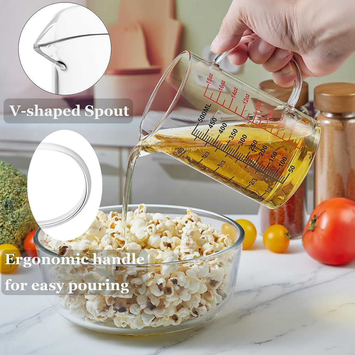 Ackers BORO3.3 Glass Measuring Cup-[Insulated handle | V-Shaped Spout]-Made of High Borosilicate Glass Measuring Cup for Kitchen or Restaurant, Easy to Read, 500 ML (16 Oz, 2 Cup)