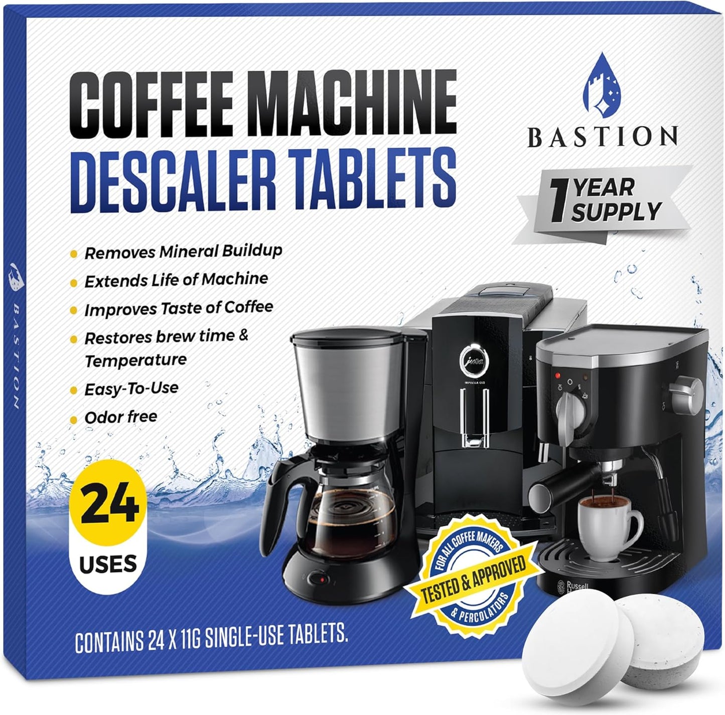 Bastion Coffee Machine Cleaner &amp; Descaler Tablets - 24 Count | Deep Clean &amp; Descale for Keurig, Nespresso, Ninja, Braun, Cuisinart &amp; More | Extend Machine Life &amp; Enhance Coffee Flavor
