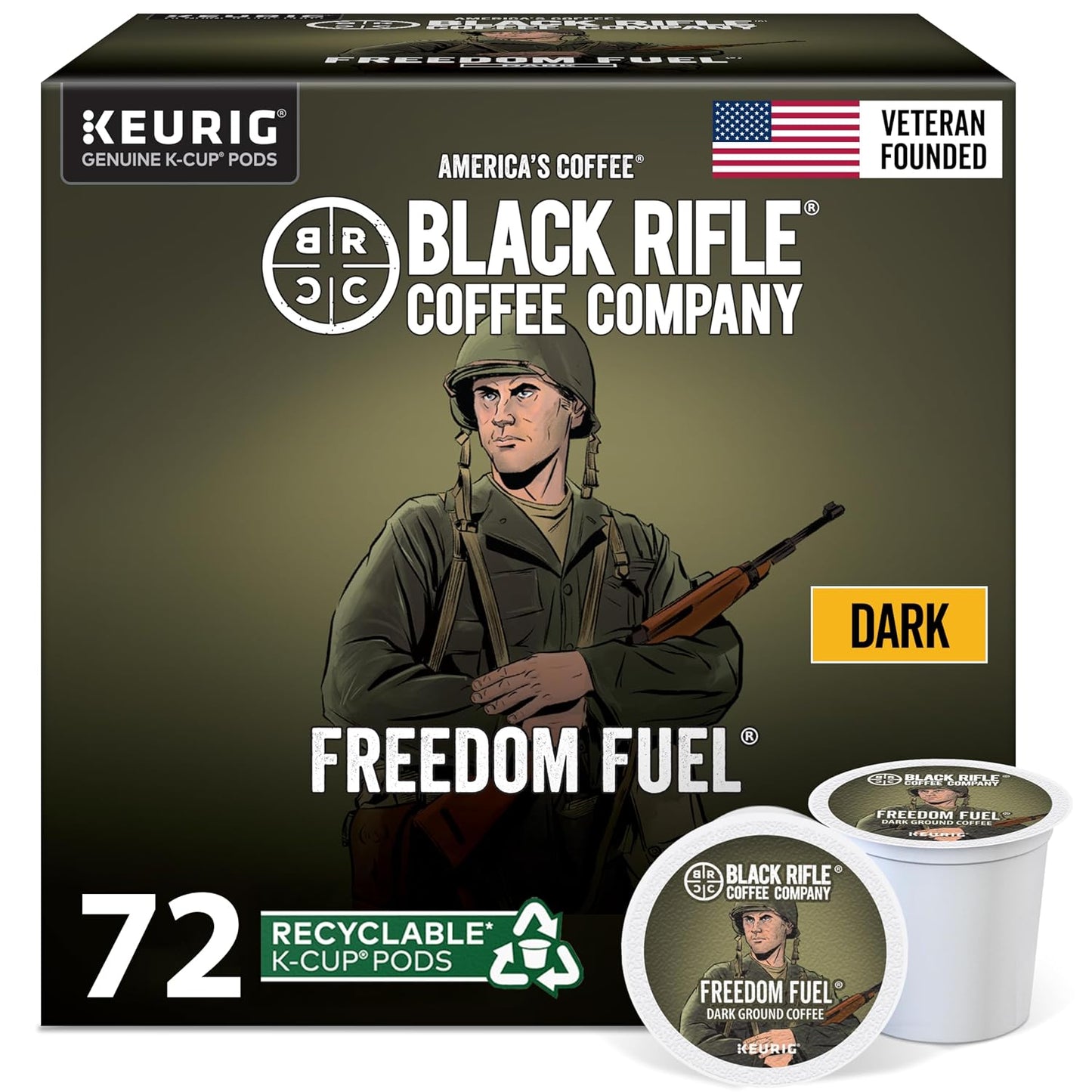 Black Rifle Coffee Dark Roast K Cup Coffee Freedom Fuel 72 Count | Veteran Founded, 100% Arabica, dark chocolate, walnut &amp; anise, Fits All Keurig Models, coffee pods, keurig