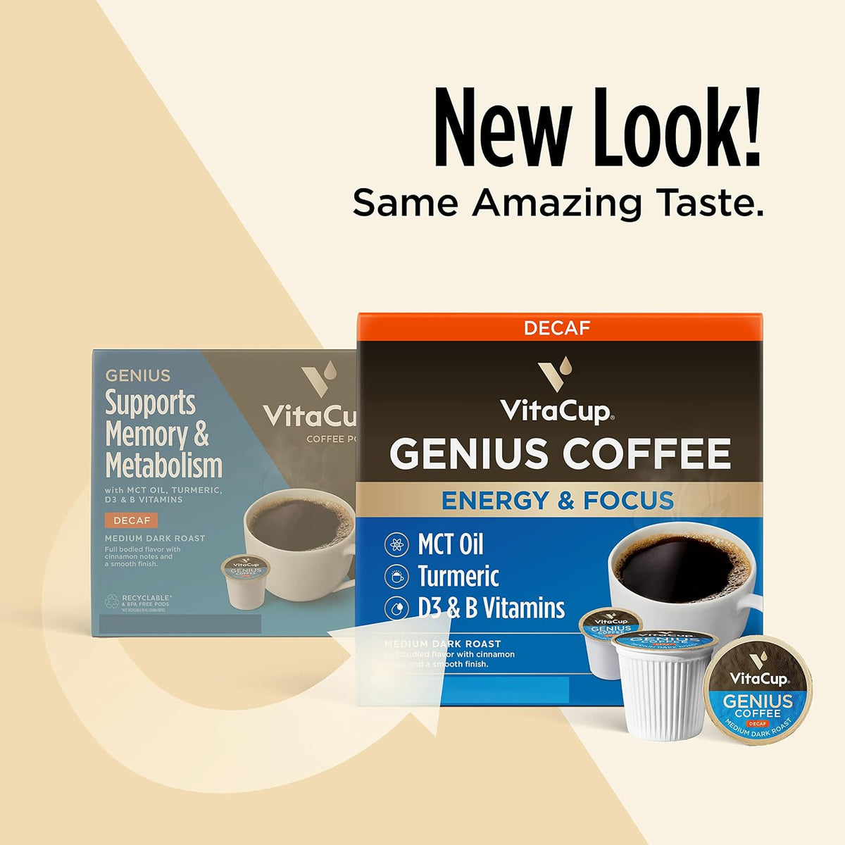 VitaCup Decaf Genius Keto Coffee Pods, 32ct | B Vitamins, MCT Oil, Turmeric