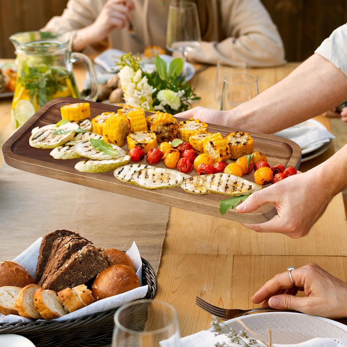 16"x 8" Large Wooden Serving Trays Decor Long Charcuterie Cheese Boards Acacia Wood Kitchen Dinner Platters Rectangular Snack Appetizer Plates for Food Dish Rectangle Party Cookie Dessert Tray