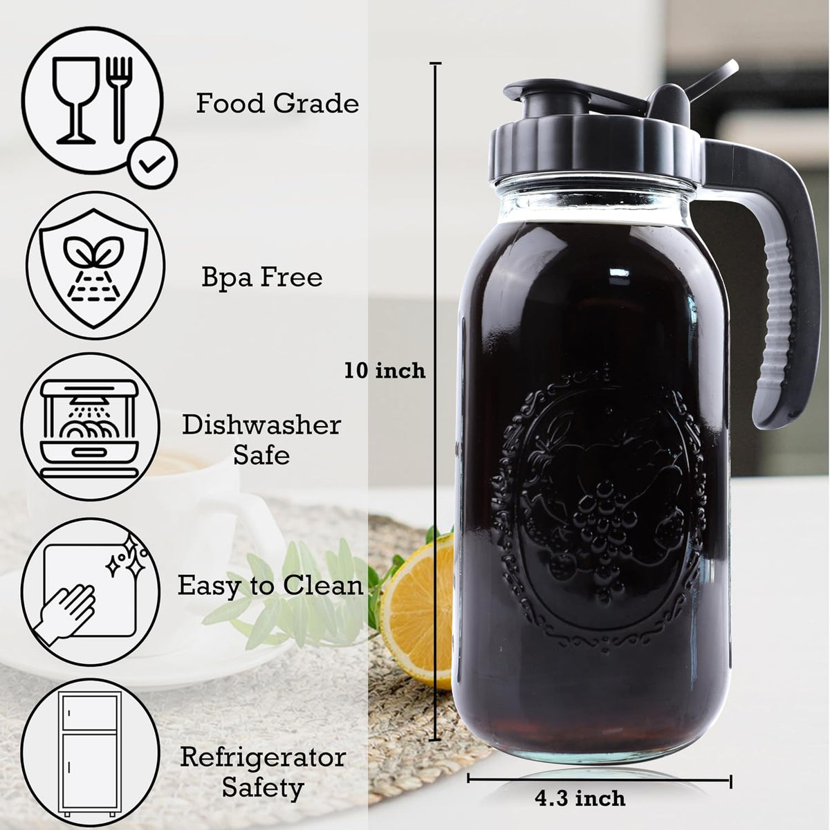 Cold Brew Coffee Maker Pitcher 2 Quart Glass Mason Jar With Spout Lid Filter Half Gallon Wide Mouth Iced Tea Brewing Jug Heavy Duty Handle Airtight &amp; Leak-Proof Pitcher For Fridge Sun Tea 64 OZ