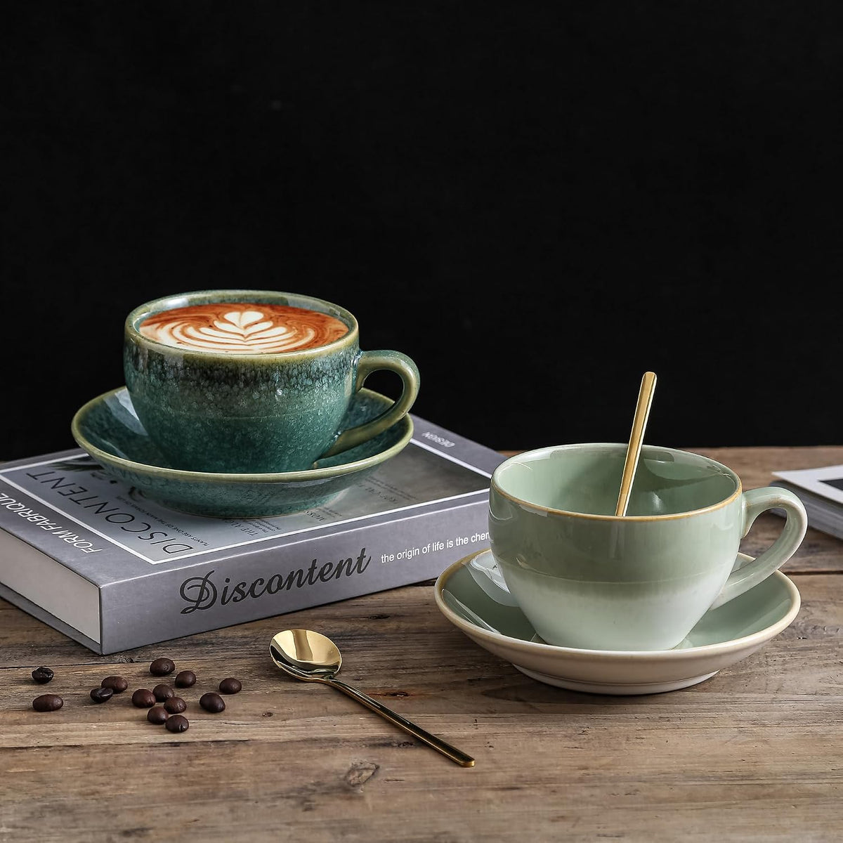 Porcelain Coffee Cup with Saucer Spoon, Vintage Design Ceramic Latte Art Cappuccino Barista Espresso Tea Cup with Saucer (10oz, Crystal Green)