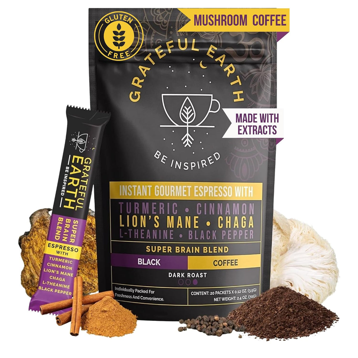 Grateful Earth Instant Espresso Coffee With Lion's Mane, 20 Packets | Turmeric, Chaga, L-Theanine, Dark Roast, Non GMO, Focus, Energy, Immune Support &amp; Gut Health, Dairy &amp; Gluten Free