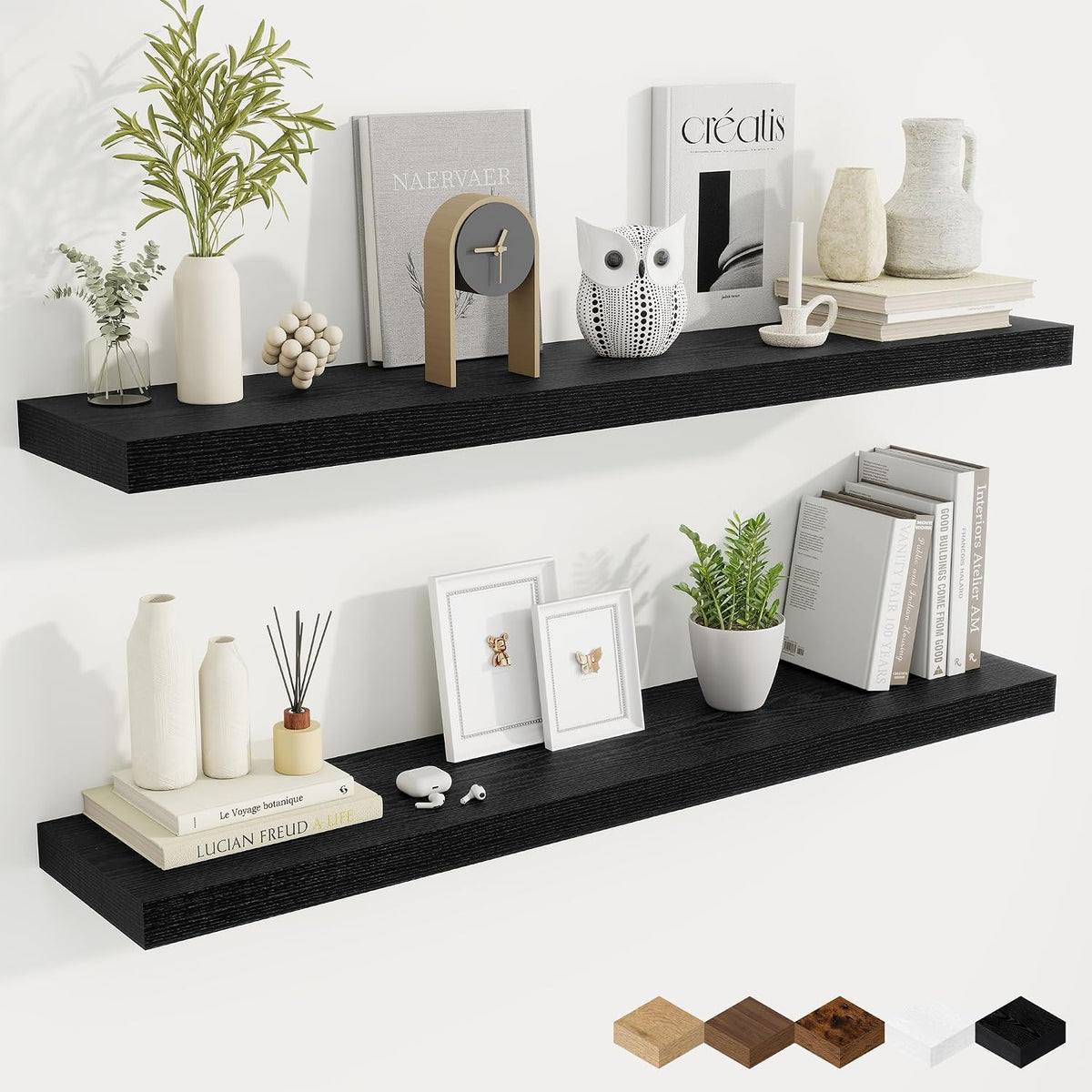 Fun Memories 48 Inch Black Floating Shelves, 9.3 Inch Deep Wall Shelves for Living Room|Bedroom|Kitchen, Rusitc Wall Mounted Bathroom Shelves 2 Pack, Heavy-Duty Deep Shelf for Books，Decor
