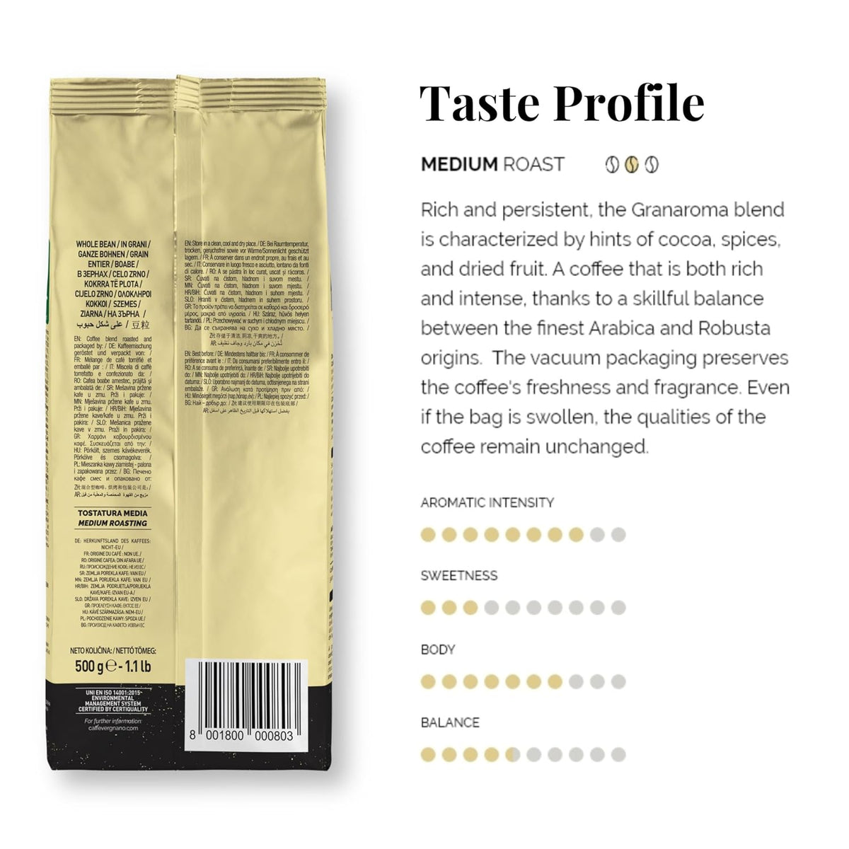 Caffe Vergnano Variety Whole Bean Coffee, Medium Roast Coffee Beans, 1.1 lb
