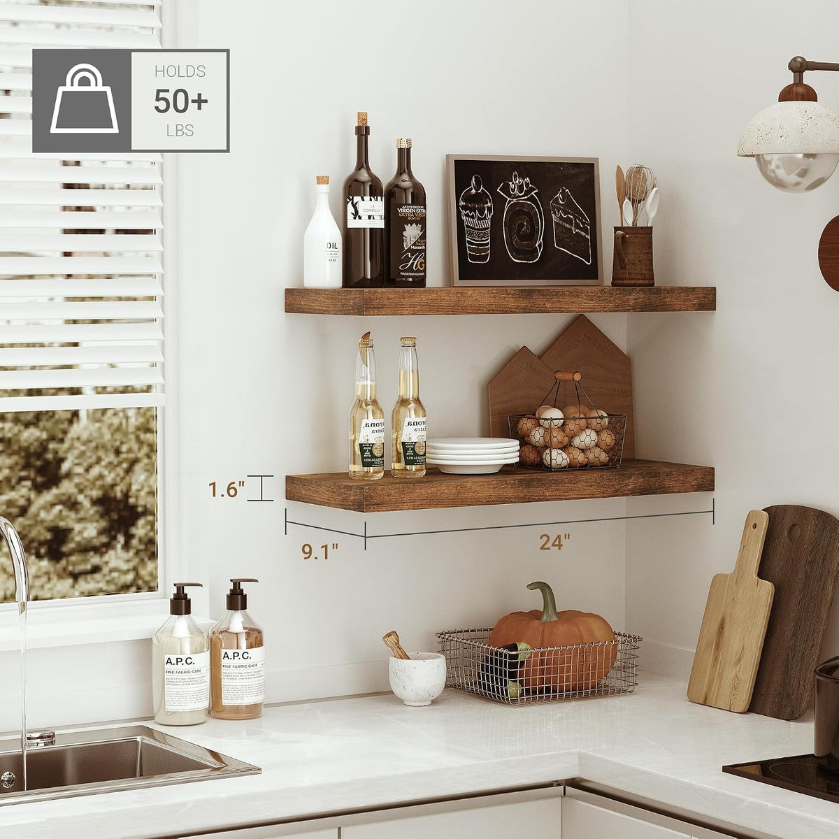 Vivelove Deep Floating Shelves for Wall 24 inches Set of 2, Rustic Brown