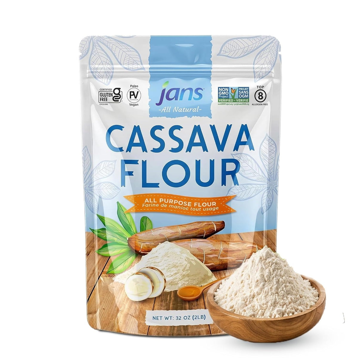 Jans Cassava Flour, 2 lb, Gluten Free All Purpose Flour Substitute, 1 Pack | Non-GMO Grain Free Baking Flour, Paleo &amp; AIP Friendly, Vegan Yuca Root Flour for Bread, Tortillas, Pancakes &amp; Baking