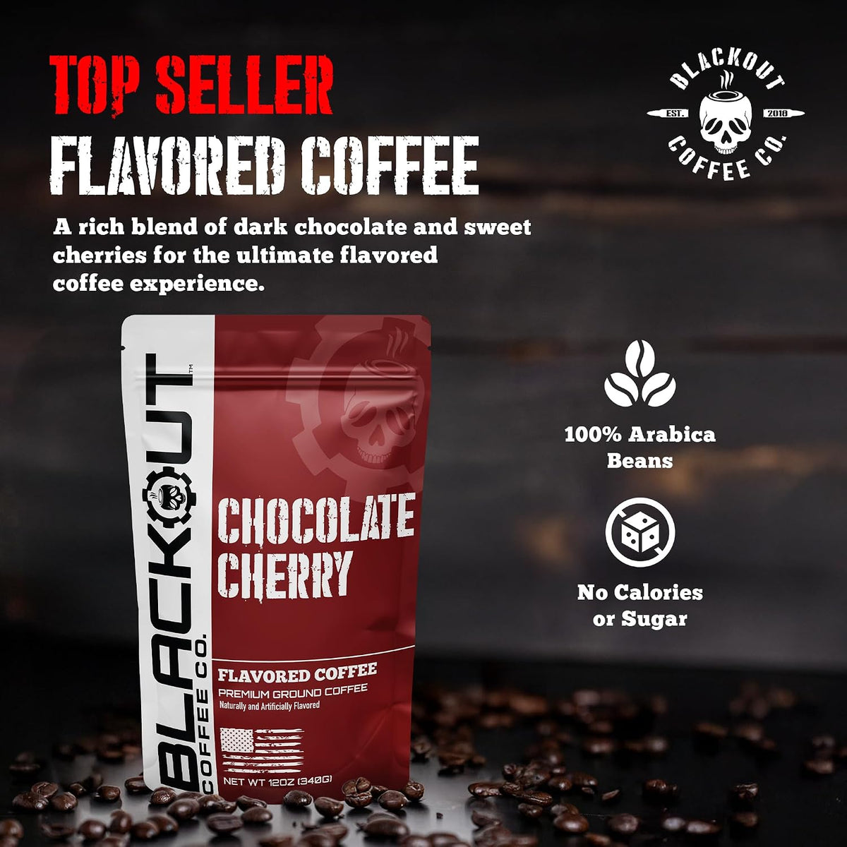Blackout Coffee Chocolate Cherry Flavored Ground Coffee – Medium Roast, Smooth Taste, Guilt-Free Indulgence – Freshly Roasted 12oz Pouch.