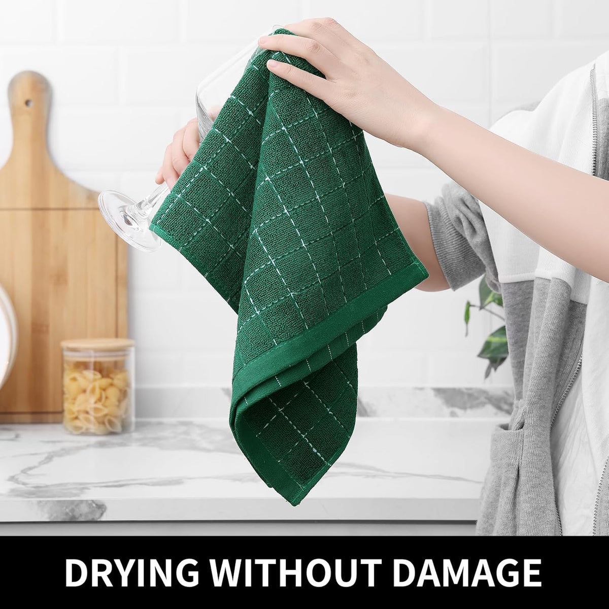 Homaxy 100% Cotton Terry Kitchen Towels(Dark Green, 13 x 28 inches), Checkered Designed, Soft and Super Absorbent Dish Towels, 8 Pack