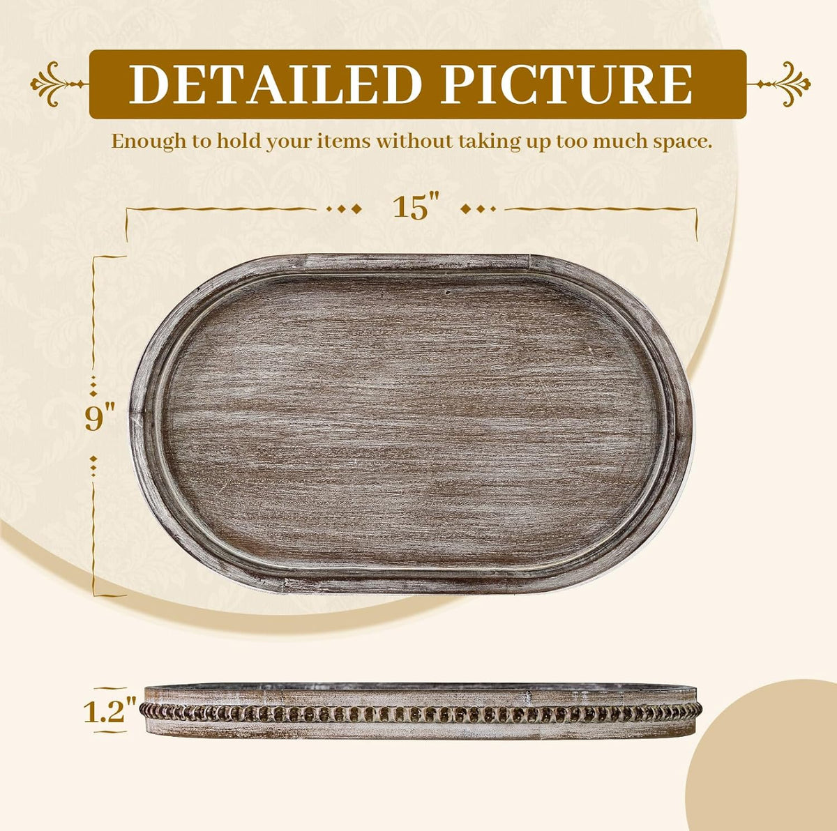 MAONAME Oval Decorative Wooden Tray, Vintage Brown Rustic Wood Serving Tray | Coffee Table Tray Decor, Farmhouse Kitchen Tray, Beaded Decorative Tray for Home Decor, Living Room, Kitchen, 15" X 9" X 1.2"