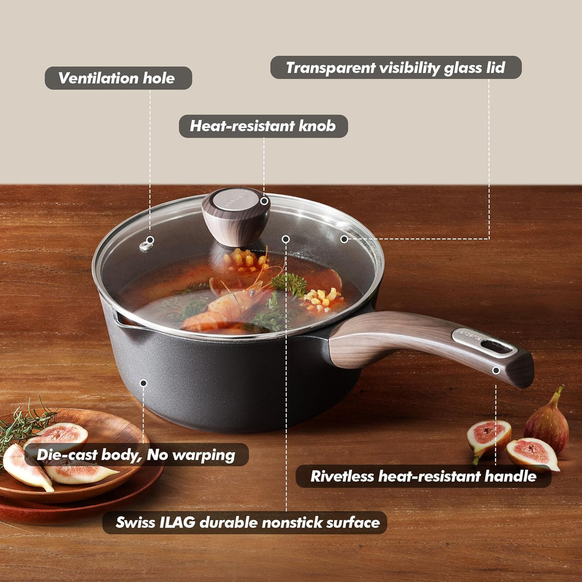 SENSARTE Nonstick Sauce Pan with Lid, 2.5 Quart Saucepan with Double Spout, Multipurpose Large Cooking Pot, Non toxic Kitchen Sauce Pot, Non stick Saucier Pan, Induction Comptable, PFOA Free