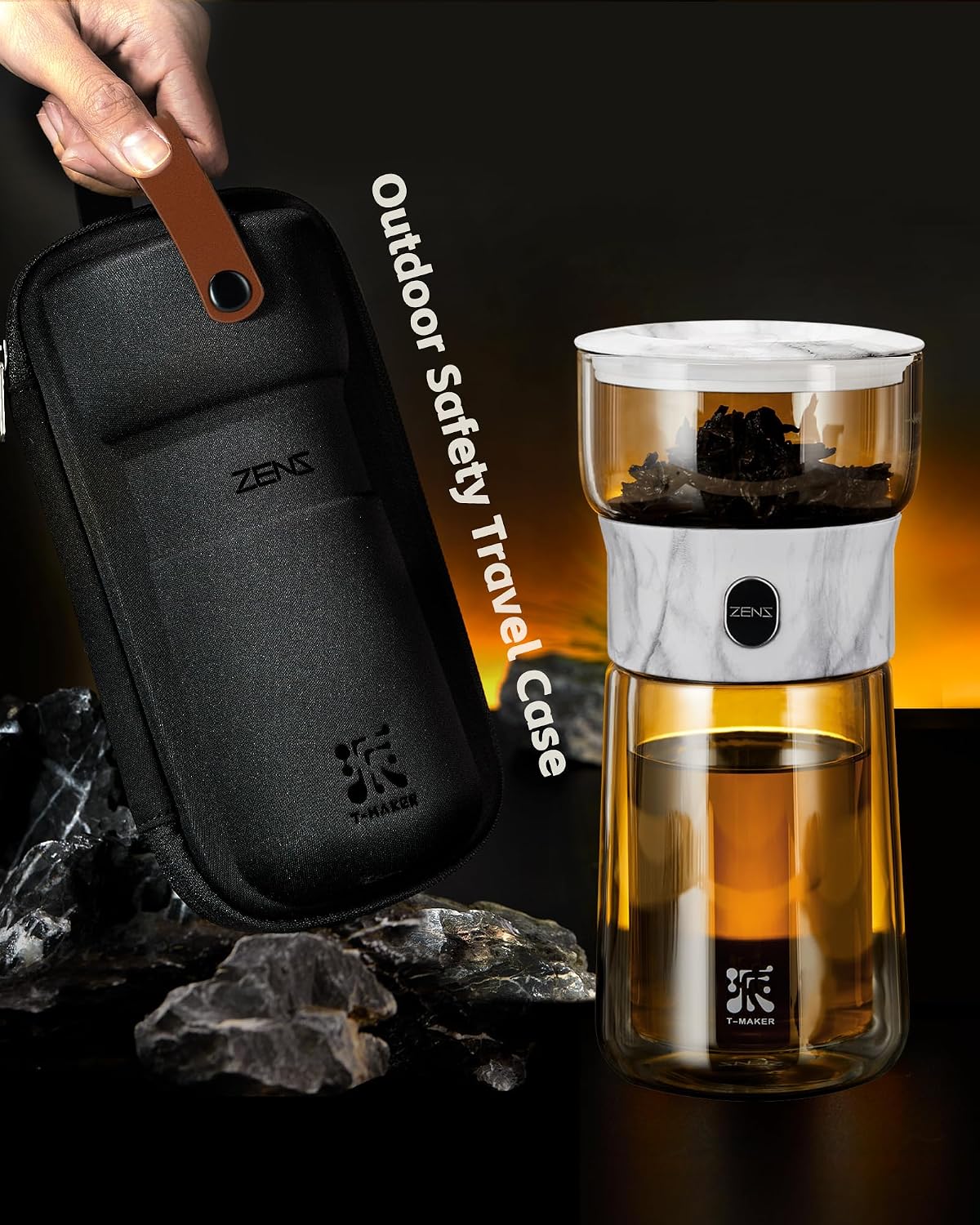 ZENS Modern One Touch Tea Maker, Glass Tea Infuser Pot for Loose Leaf Tea | Magic Teapot, Modern Tea Diffusers with 9oz Insulated Mug and Portable Bag for Tea Lovers Gifts, Marble